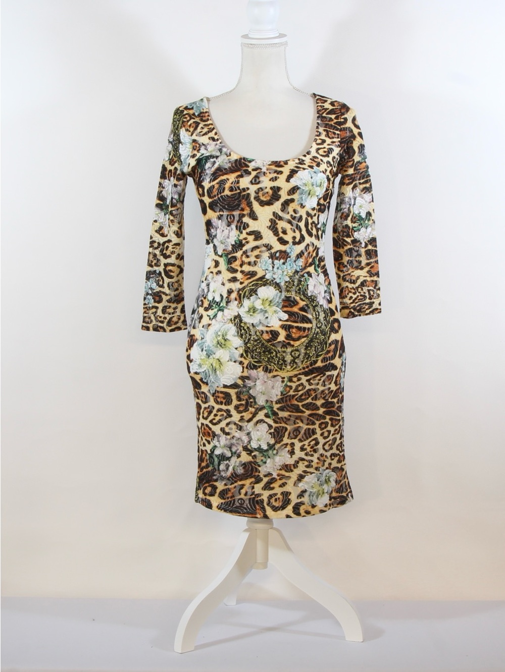 VENUS Tan Black & White Leopard & Floral Scoop-Neck Dress NWOT